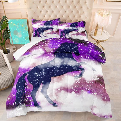 Galaxy Horse Comforter Set for Girls Purple Twin Bedding Set Magic Cloud Horse Bed Set Twin Size Bedroom Fashion 2 Piece Quilt Set, All Season 2 Piece 1 Twin Comforter + 1 Pillowcase