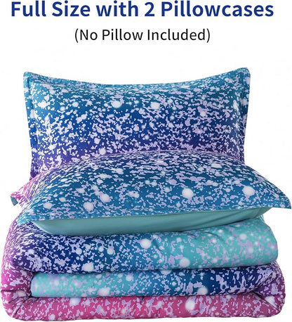 Litanika Galaxy Comforter Twin(66x90lnch), 3 Pieces(1 Blue Glitter Ombre Comforter, 2 Pillowcases), 3D Colorful Rainbow Bedding Set, Microfiber Comforter Set for Kid Boy Girl Teen