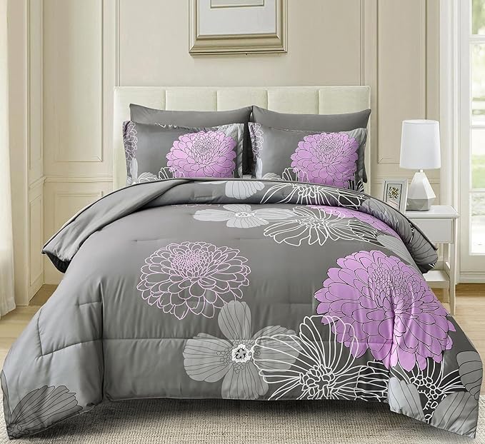 Yiran King Size Comforter Set Grey Purple Comforter Floral Bedding Comforter Set 7 Pieces Soft Microfiber Bed Set for All Seasons 103"×90"