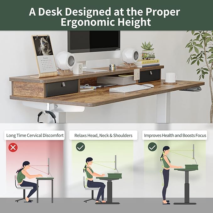 FEZIBO 55 x 24 Inch Height Adjustable Electric Standing Desk with Double Drawer, Stand Up Desk with Storage Shelf, Sit Stand Desk, Light Rustic