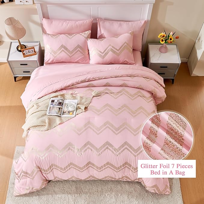 Wowelife 7 Pieces Pink Comforter Set King Size Gold Glitter Kids Bedroom Bedding Set Metallic Bed in a Bag for Girls with Comforter, Flat Sheet, Fitted Sheet 2 Pillow Shams and 2 Pillowcase