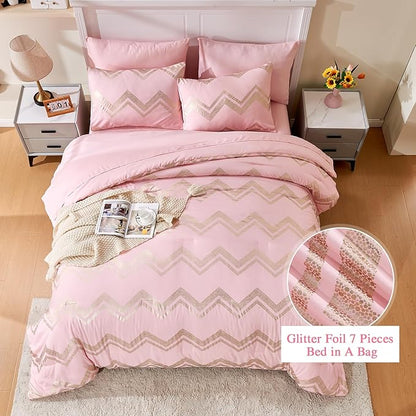 Wowelife 7 Pieces Pink Comforter Set King Size Gold Glitter Kids Bedroom Bedding Set Metallic Bed in a Bag for Girls with Comforter, Flat Sheet, Fitted Sheet 2 Pillow Shams and 2 Pillowcase