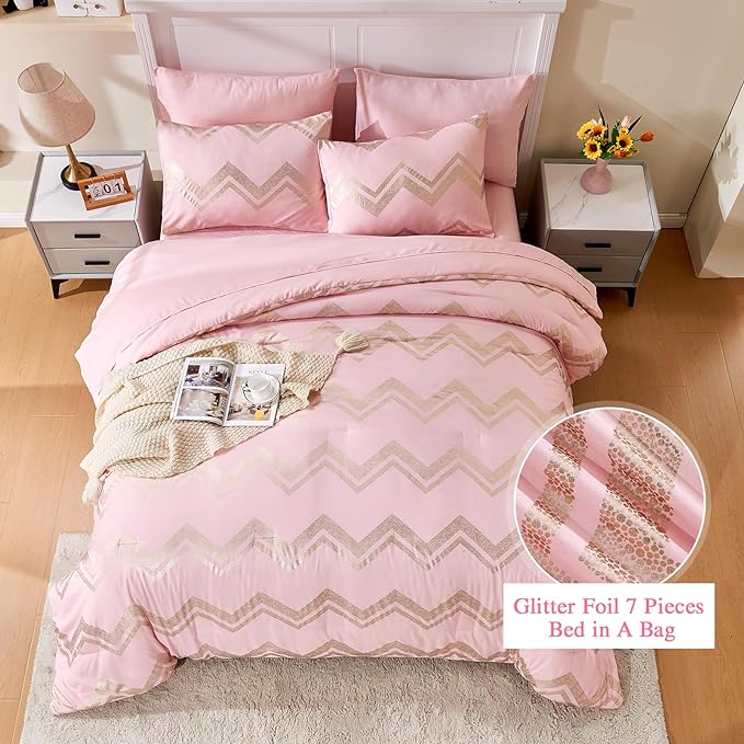Wowelife Girl Bedding Sets Pink Comforter for Queen Size Bed 7 Pieces Gold Glitter Foil Queen Bedding Set Teen Girl Bedding Pink Full Kids Bedroom Beding Sets with 2 Pillow Shams and 2 Pillowcase
