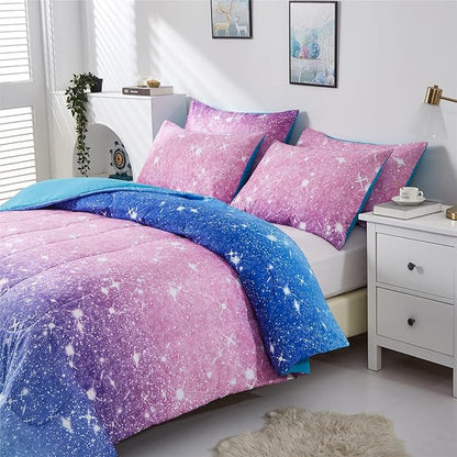 Purple Glitter Comforter Set Twin Size for Girls, Sparkle Galaxy Twinkle Starlight Comforter for Twin(2-Piece)