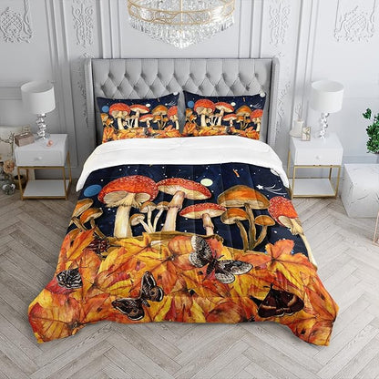 Galaxy Mushroom Comforter Set Queen Size Kids Mushroom Butterfly Bedding Set Leaves Quilt Bed Set for Boys Girls Adults with 1 Comforter and 2 Pillowcases