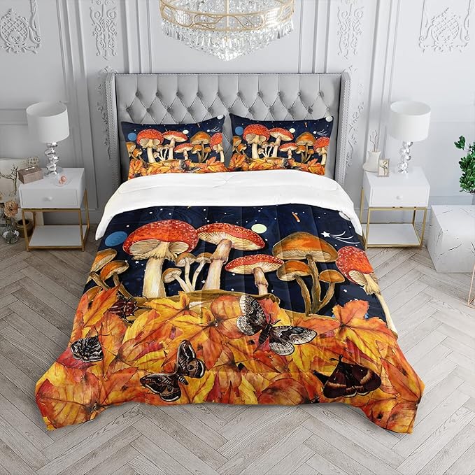 Galaxy Mushroom Comforter Set Twin Size Kids Mushroom Butterfly Bedding Set Leaves Quilt Bed Set for Boys Girls Adults with 1 Comforter and 2 Pillowcases