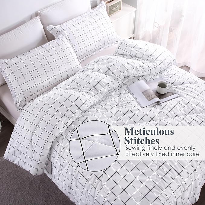 Andency White Grid Comforter Set Queen Size (90x90 Inch), 3 Pieces(1 Grid Comforter and 2 Pillowcases), Summer Lightweight Microfiber Down Alternative White Comforter with Black Lines