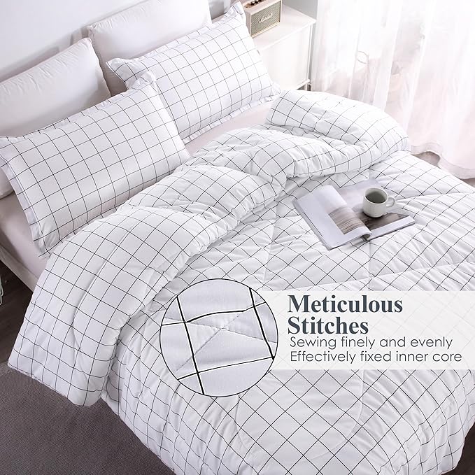 Andency White Grid Comforter Set Twin Size (66x90 Inch), 2 Pieces(1 Grid Comforter and 1 Pillowcase), Summer Lightweight Microfiber Down Alternative White Comforter with Black Lines for Kids Girls