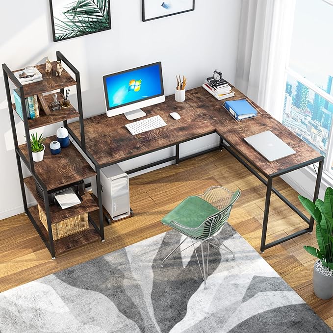 79 Inch Reversible L-Shaped Desk, Large Corner Computer Desk with 5 Tier Storage Shelves