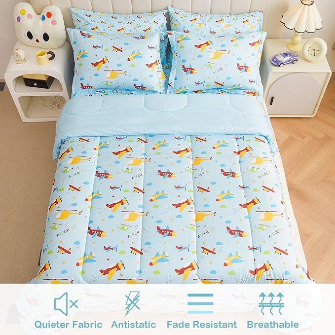 Mooreeke Bed in a Bag for Kids Boys Teens, 7 Pieces Full Size Aircraft Print Comforter Bed Set with Shams, Sheet Set, Airplane Blue Super Soft Microfiber Kids Comforter Bedding Set