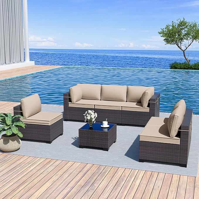 Patio Furniture Set 7-Pieces Outdoor Furniture for Backyard Wicker Sectional Sofa Set, Rattan Patio Conversation Set with Thickened Cushions and Glass Coffee Table, Sand