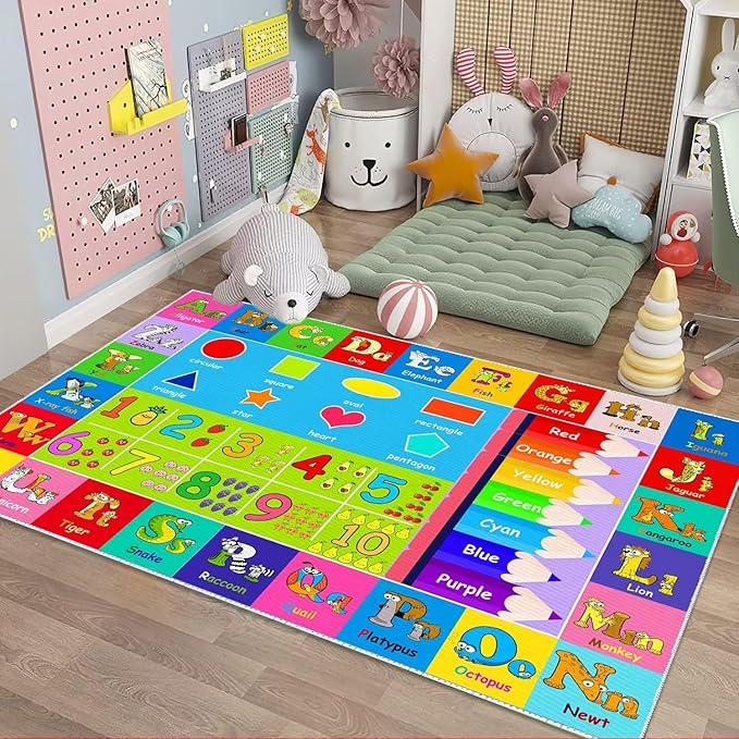 Kids Alphabet Play Game Rug - 3' 3" x 5' 3" ABC Numbers and Shapes Educational Learning Toddler Carpet - Kids Room Playroom Classroom Kindergarten Activity Fun Soft Non-Slip Mat