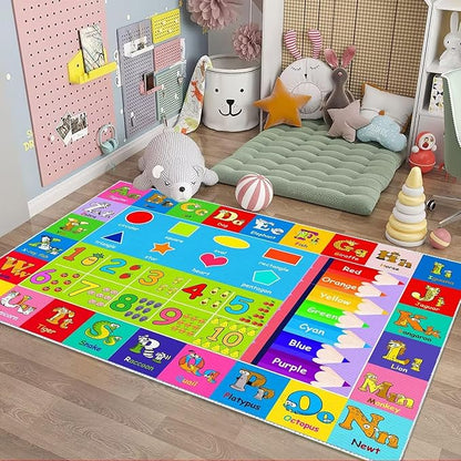 Kids Alphabet Play Game Rug - 3' 3" x 5' 3" ABC Numbers and Shapes Educational Learning Toddler Carpet - Kids Room Playroom Classroom Kindergarten Activity Fun Soft Non-Slip Mat