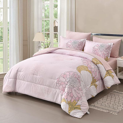 Pink Colorful Comforter Set King Size 7 Piece Floral Bed in a Bag Comforter for All Season Soft Microfiber Bedding Set for Teen Girls Women (103"×90")