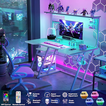 Gaming Computer Desk with Storage Shelves & Z-Shaped Legs, White Gaming Desk with Hutch and LED Lights, Reversible PC Gaming Desk with Pegboard for Bedroom & Small Spaces, Carbon Fiber Surface, 47''