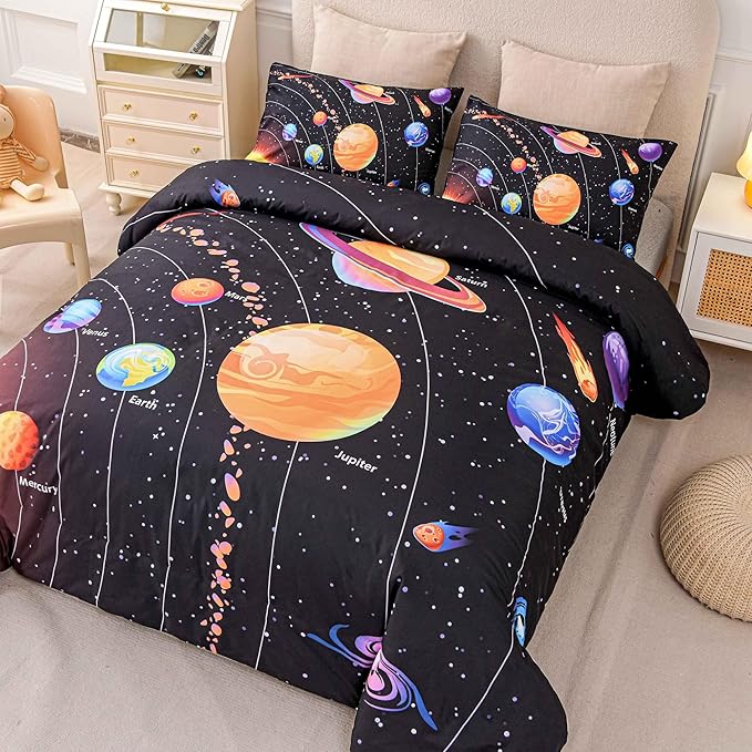 6 Pcs Solar System Comforter Set Twin Outer Space Bedding Set Universe Planets Theme Comforter for Boys Kids Ultra-Soft (1 Comforter, 2 Pillowcases, 1 Flat Sheet, 1 Fitted Sheet,1 Pillowcover)