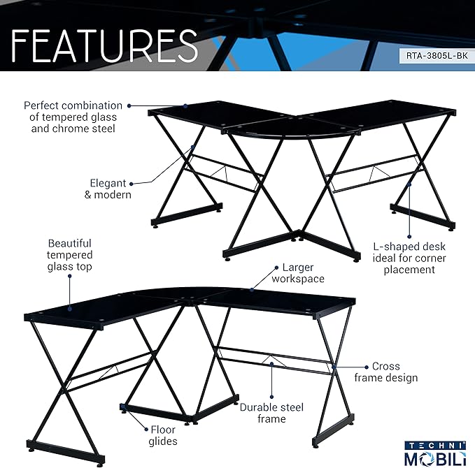 Techni Mobili RTA-3805L-BK L-Shaped Glass Computer Desk, Black, 51" D x 51" W x 29" H