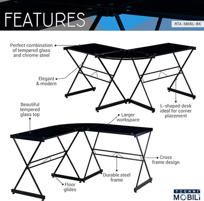 Techni Mobili RTA-3805L-BK L-Shaped Glass Computer Desk, Black, 51" D x 51" W x 29" H