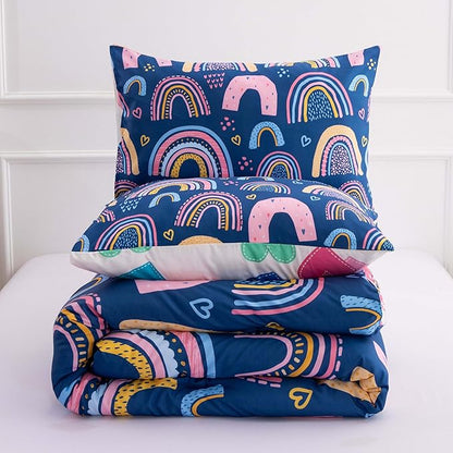 Btargot Lightweight Soft 3 Piece Rainbow Comforter Set with 2 Pillow Covers, Cartoon Love Hearts Suns and Stars Bedding Set for Girls Boys Kids, Queen Dark Blue