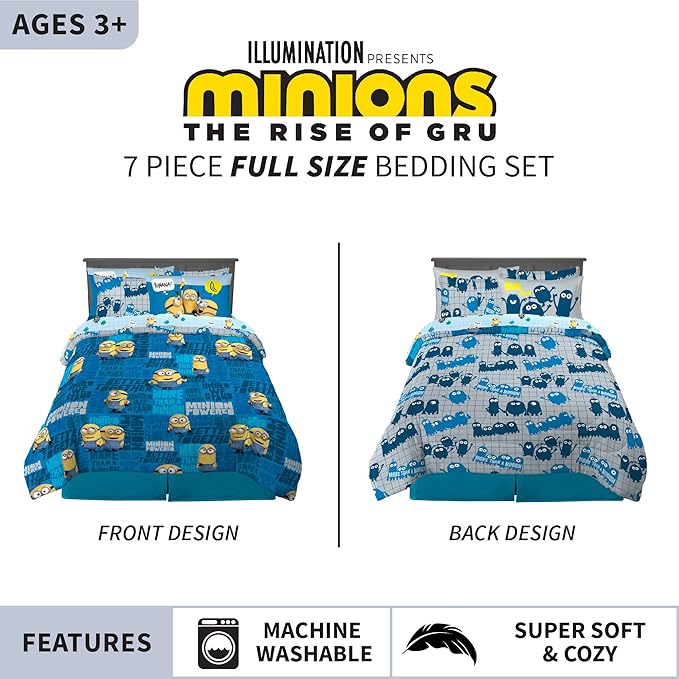Franco Kids Bedding Super Soft Comforter and Sheet Set with Sham, 7 Piece Full Size, Minions The Rise Of Gru