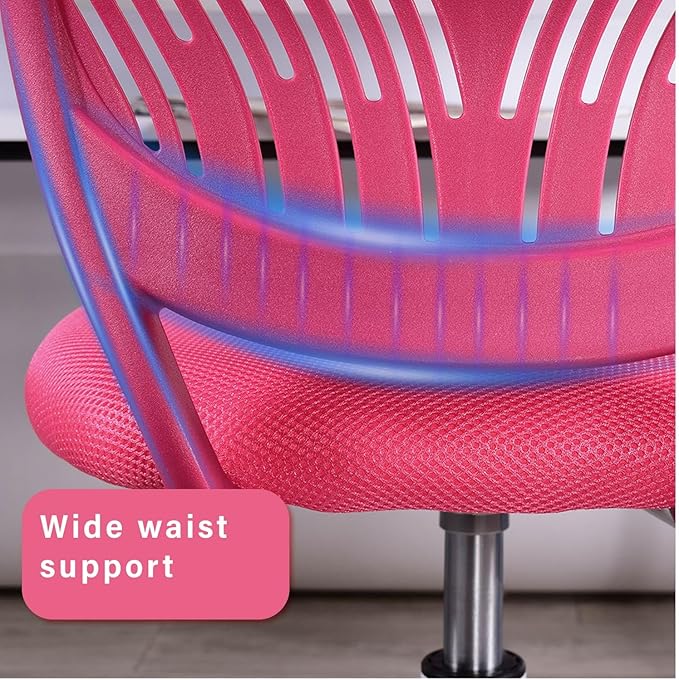 FurnitureR Teens Girls Task Chair 360 Swivel, Low Mid PP Mesh Back Fabric Seat, Height Adjustable, Rolling Castor, W15.7inces x D15.2inces x H29.5-34.2inches (Pink)