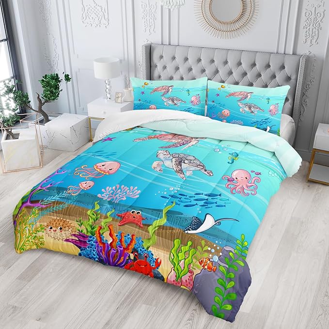 Turtle Comforter Set Full Ocean Watercolor Sea Turtle Bedding Set Tropical Fish Marine Life Bed Set with 2 Pillowcases for Kids Room Decor