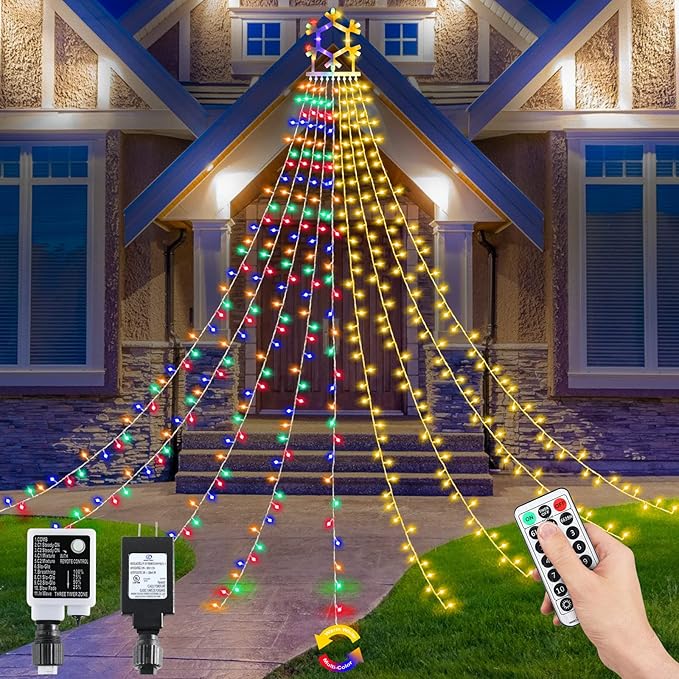 PUHONG Christmas Decorations, 320 LED Outdoor String Lights, Snowflakes Hanging Christmas Tree Topper Lights with 11 Modes for Holiday, Wedding, Party, Yard Decor (Warm White&Multicolored)