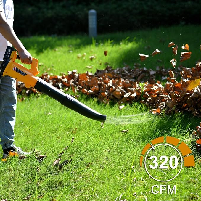 Cordless Leaf Blower - 320CFM 208MPH 21V Electric Handheld Leaf Blower with 5.2Ah Battery and Charger, 6 Variable Speed Leaf Sweeper for Leaves, Snow Debris, Dust, Yard Cleaning (Yellow)