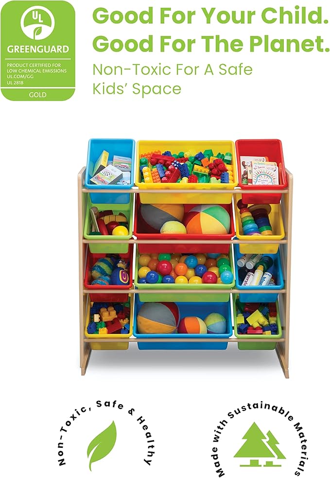 Delta Children Kids Toy Storage Organizer with 12 Plastic Bins - Greenguard Gold Certified, Natural/Primary