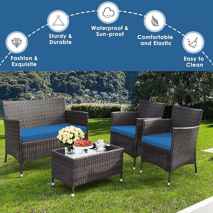 Goplus 4-Piece Rattan Patio Set, Outdoor/Indoor Wicker Conversation Set for Pool, Backyard, Lawn, Wicker Chairs and Sofa with Soft Cushion, Rattan Furniture with Tempered Glass Coffee Table