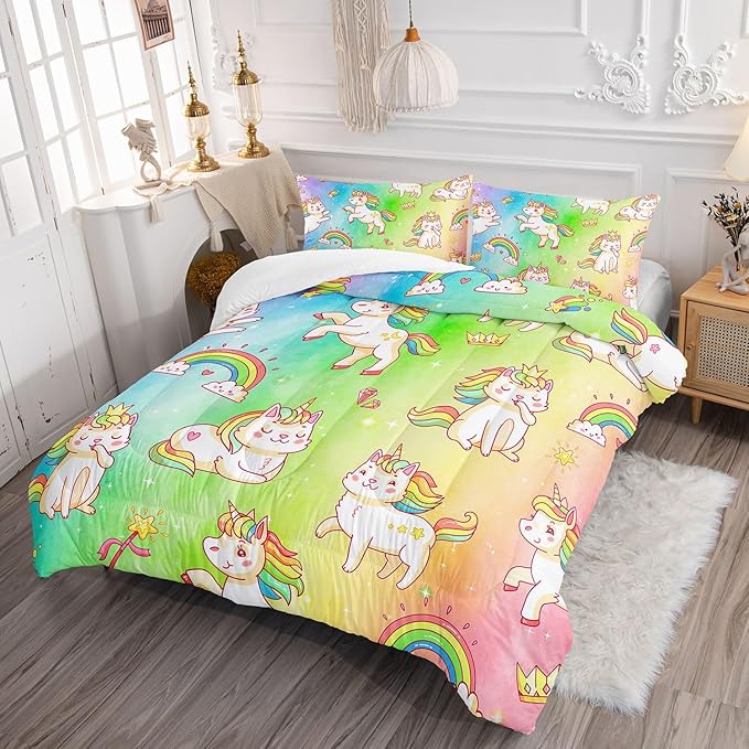 Datura home Kids Unicorn Comforter Set for Girls Boys,Kawaii Rainbow Unicorn Printed Pattern Rainbow Kawaii Bedding Set with 2 Pillowcases(Rainbow Unicorn Queen)