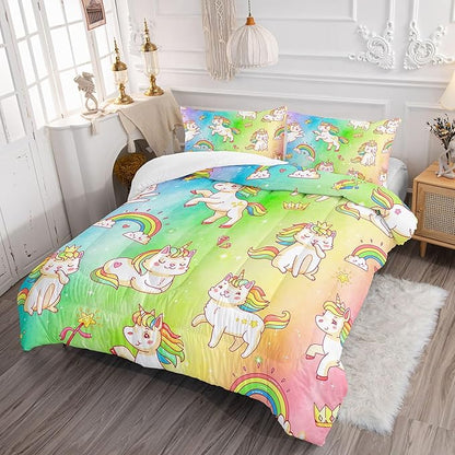 Datura home Kids Unicorn Comforter Set for Girls Boys,Kawaii Rainbow Unicorn Printed Pattern Rainbow Kawaii Bedding Set with 2 Pillowcases(Rainbow Unicorn Full)