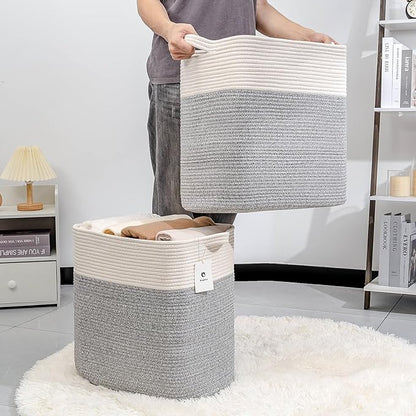 Tall Storage Bins Rectangle Basket Cotton Extra Large Toy Storage Hamper Rectangular with Handles,Decorative Blanket Laundry Basket for Living room,Dog Baskets Large Basket for Toys 2 pack