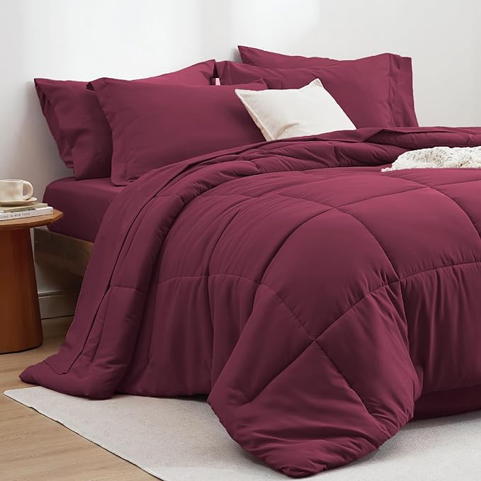 Bedsure Burgundy Twin Comforter Set - 5 Pieces Solid Twin Bed in a Bag, Twin Bed Set Burgundy with Comforters, Sheets, Pillowcase & Sham