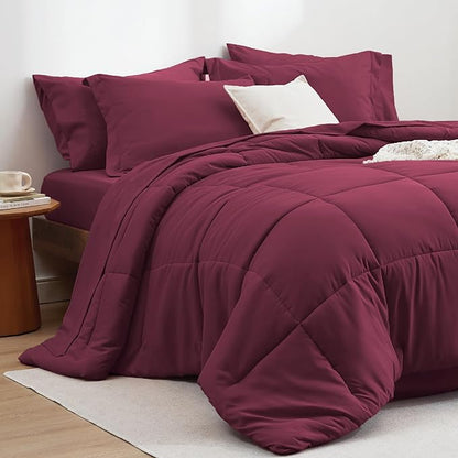 Bedsure Burgundy Twin Comforter Set - 5 Pieces Solid Twin Bed in a Bag, Twin Bed Set Burgundy with Comforters, Sheets, Pillowcase & Sham