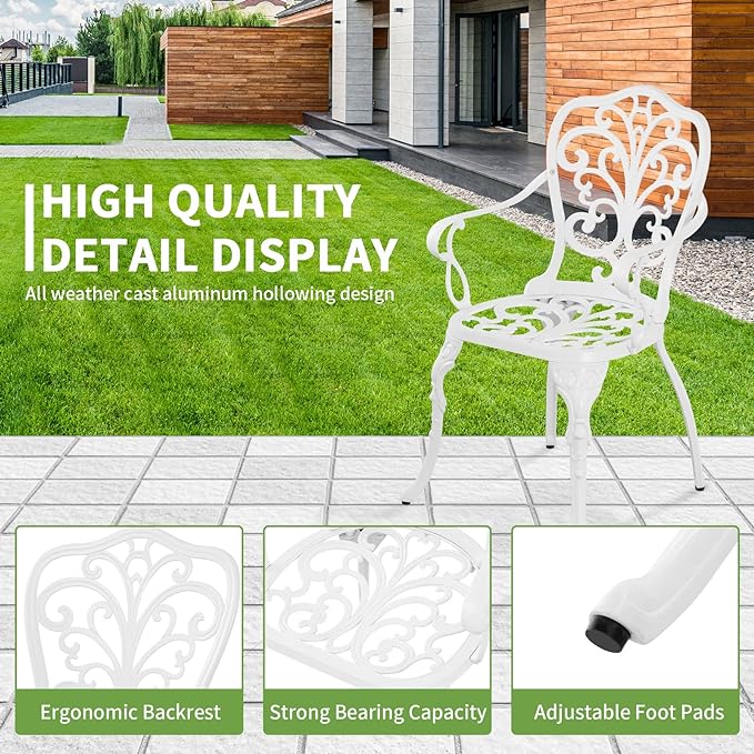 Bistro Table and Chairs Set of 2, Patio Furniture Bistro Set, Cast Aluminum Bistro Set 3 Piece Outdoor with Umbrella Hole for Balcony