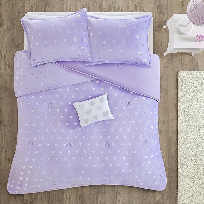 Mi Zone Rosalie Comforter Set for Girls, Ultra-Soft Microlight Plush Metallic Printed Hearts Brushed Reverse Overfilled Down Alternative Hypoallergenic All Season, Twin/Twin XL, Purple/Silver, 3 Piece