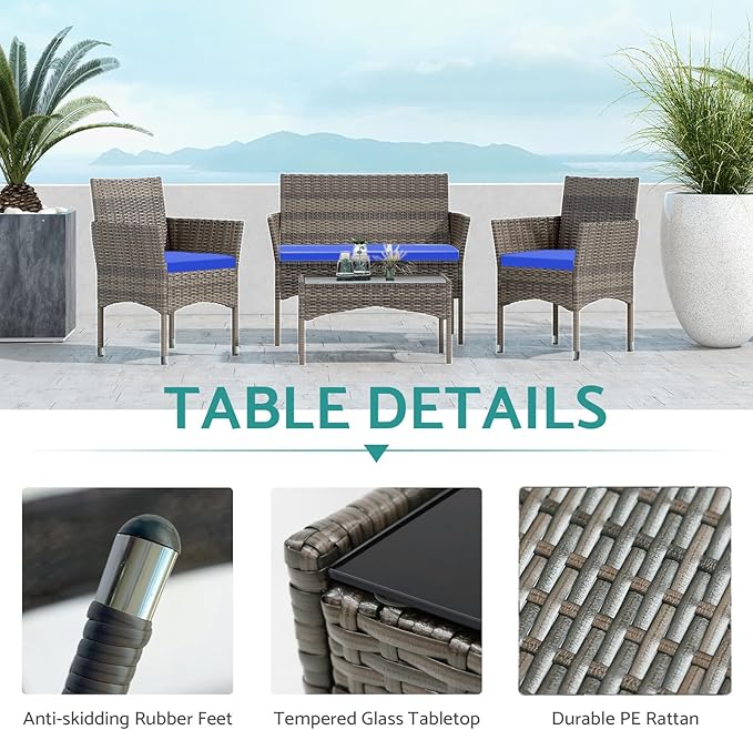 Patio Furniture, 4 Piece Conversation Set, Outdoor Wicker Rattan Table and Chairs, Sectional Sofa with Thick Cushion for Garden, Yard, or Porch, Light Brown