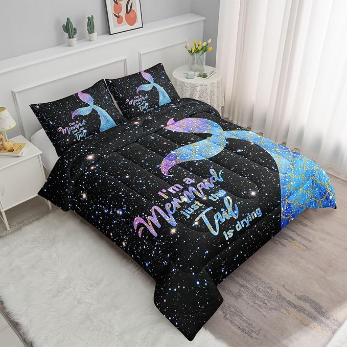 Datura home Bedding Comforter Set Black Starry Sky Mermaid Printed Pattern Quilt with 1 and 2 Pillowcases for Girls Bedroom All Season(Black Full) Full 80x90inches