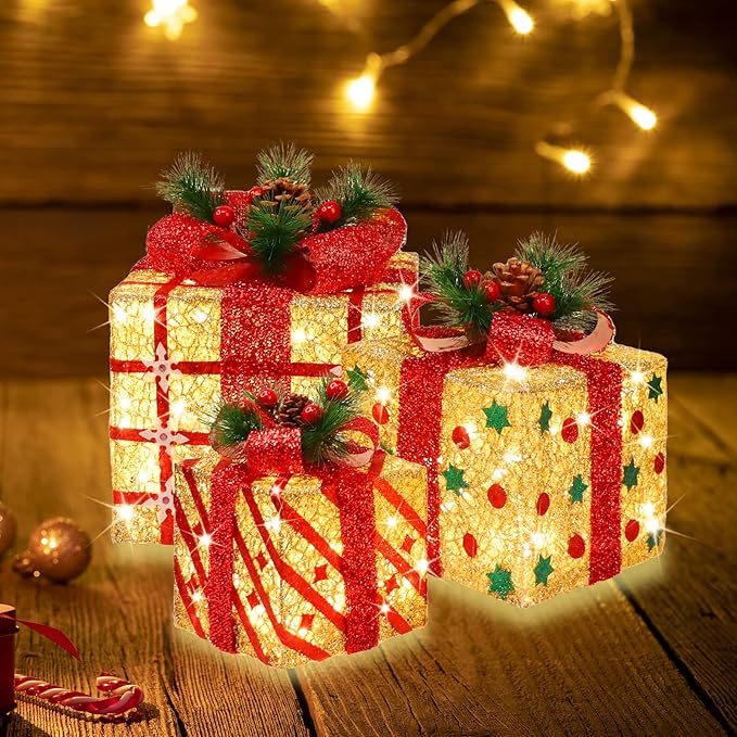 [Large 9.5"x8"x6.5" Christmas Set of 3 Lighted Gift Boxes Decorations Pre-lit 70 Super-Bright LED with Flashers,for Indoor Outdoor Christmas Tree Skirt Ornament Pathway Holiday Party Home