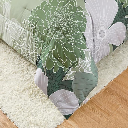 Yiran 7 Pieces Bed in a Bag Green Comforter Set Queen Floral Comforter Soft Microfiber Bedding Set with 1 Comforter 1 Flat Sheet 1 Fitted Sheet 2 Pillowshams and 2 Pillowcases
