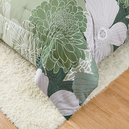 Yiran Bed in a Bag Green Comforter 7 Pieces Floral Bedding Set Soft Microfiber King Comforter Sets with 1 Comforter 1 Flat Sheet 1 Fitted Sheet 2 Pillowshams and 2 Pillowcases