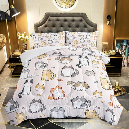 Kids Cute Cat Comforter Set Twin Size 3Pcs Cartoon Pet Cat Fishing Bedding Set Lovely Animal Quilt Bed Set for Children Girls Boys Room Decor
