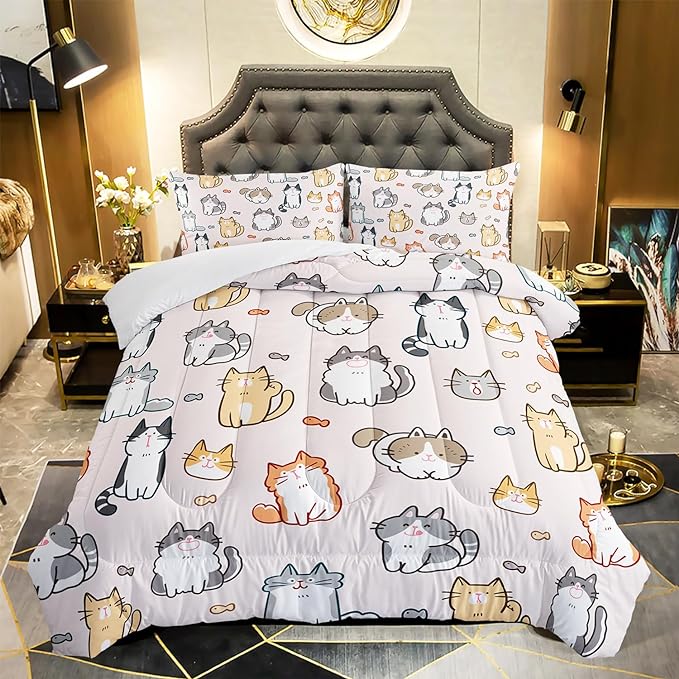 Kids Cute Cat Comforter Set Queen Size 3Pcs Cartoon Pet Cat Fishing Bedding Set Lovely Animal Quilt Bed Set for Children Girls Boys Room Decor