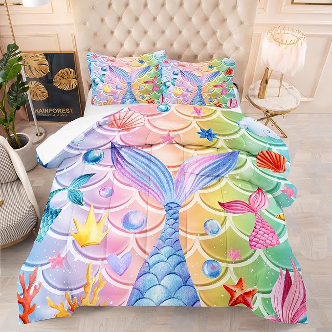 NINENINE Mermaid Tail Bedding Sets,Mermaid Comforter Rainbow Bedding,Twin Comforter Sets for Girls,Blue Glitter Comforter Sets with 1Comforter 1Pillowcase