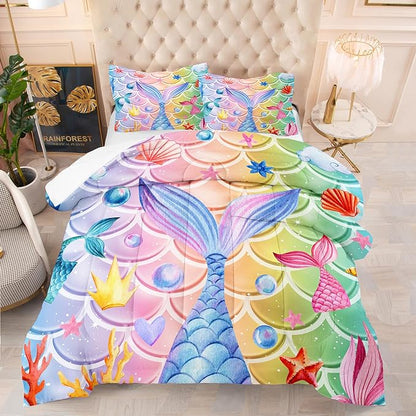 NINENINE Mermaid Tail Bedding Sets,Mermaid Comforter Rainbow Bedding,Twin Comforter Sets for Girls,Blue Glitter Comforter Sets with 1Comforter 1Pillowcase