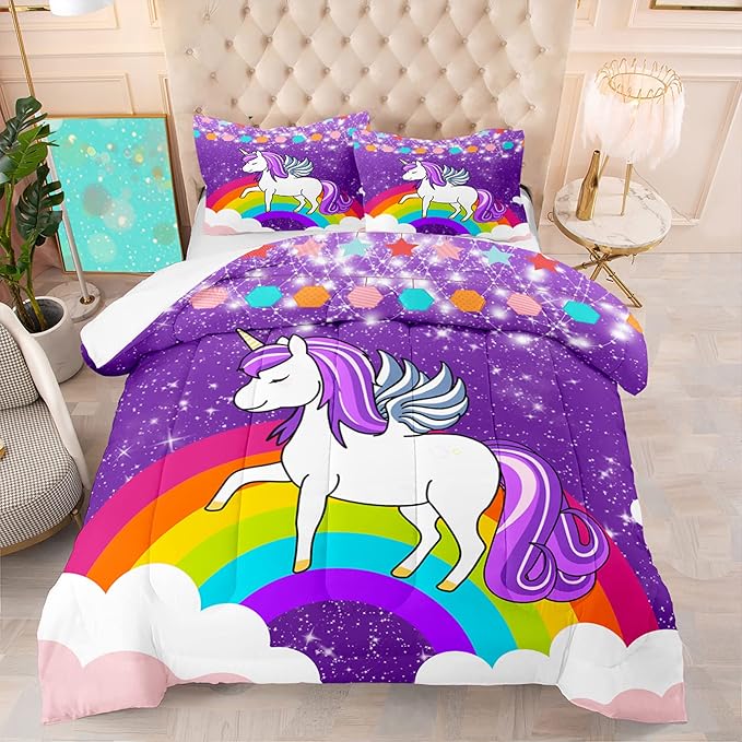 Unicorn Girls Full Size Bedding Sets Cartoon Unicorn Comforter Kids Bedding Set Cute Rainbow Unicorn Print Full Size Bedding Unicorn Kawaii Comforter Set, Purple, 1 Comforter+2 Pillowcases