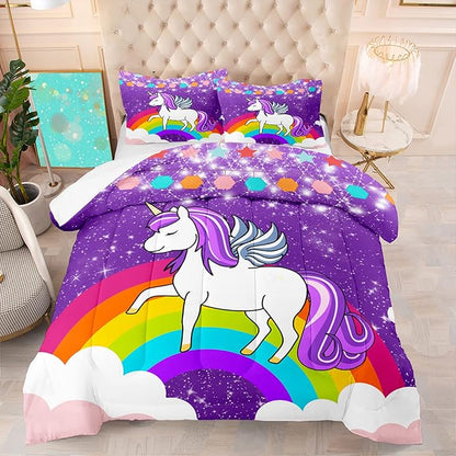 Girls Unicorn Comforter Sets Queen Comforter Set for Girls Unicorn Bedding Sets Queen Cartoon Unicorn Print Comforter Sets Girls Bedding Room Decor, Purple, 1 Comforter+2 Pillowcases