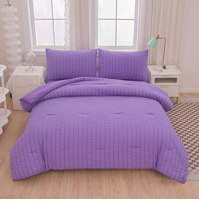 Seersucker Purple Queen Size Comforter Sets for Girls Women Boho Purple Seersucker Bedding Set & Collections 5 Pieces-Soft Lightweight Microfiber Bed Set for All Season,Queen 90''x90''…