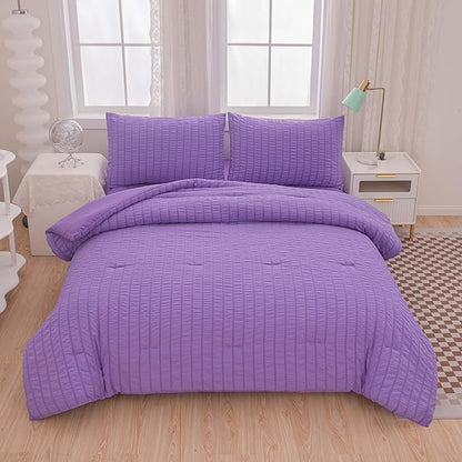 Seersucker Purple Queen Size Comforter Sets for Girls Women Boho Purple Seersucker Bedding Set & Collections 5 Pieces-Soft Lightweight Microfiber Bed Set for All Season,Queen 90''x90''…